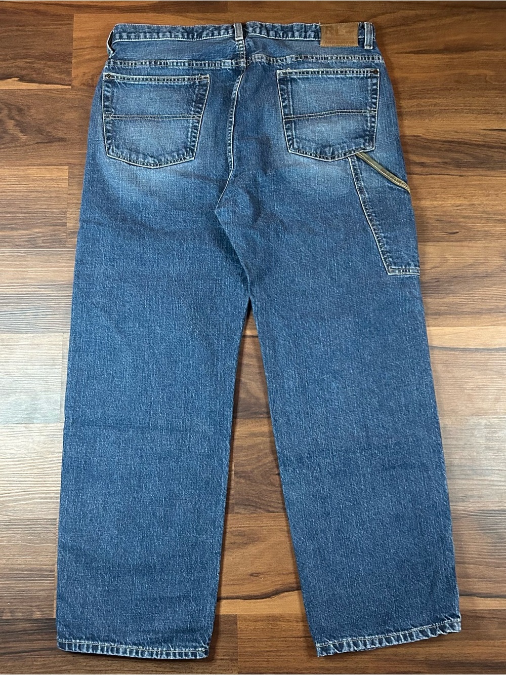 Polo jean company Men's Relaxed Dark Blue Carpenter style Jeans with leather acc